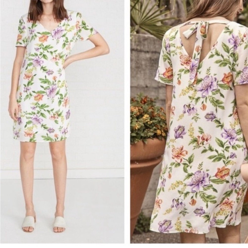 Amour Vert silk Floral V-Neck shift Dress size large white purple green mini